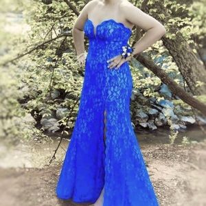 Full-length Royal Blue Lace Prom Dress
